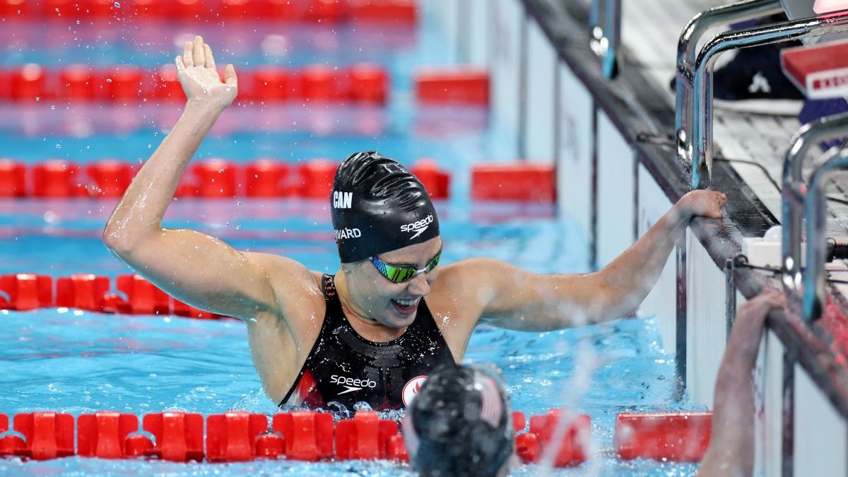 Aurelie Rivard reacts after winning gold in Paris 2024. GETTY IMAGES